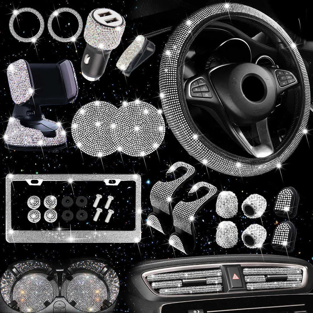 New New 27Pcs Bling Car Accessories Set for Women Steering Wheel Cover Lice