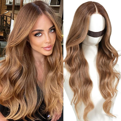 Pre Cut Lace Glueless Wig Wear and Go Synthetic Lace Front Body Wave Ombre Brown Wig with Bangs Pre Plucked Glueless Ready to Wear Wigs for Women Middle Part 26 Inch