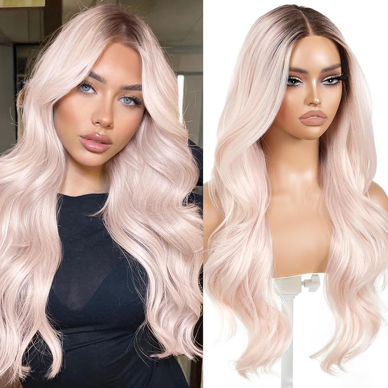 Pre Cut Lace Glueless Wig Wear and Go Synthetic Lace Front Body Wave Ombre Brown Wig with Bangs Pre Plucked Glueless Ready to Wear Wigs for Women Middle Part 26 Inch