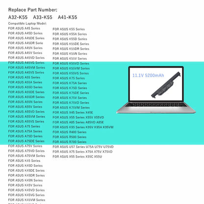 PC A32-K55 A33-K55 A41-K55 Laptop Battery For Asus A45 A45D A45N A45V A55 A55A A55D A55N A55V A75 A75A A75D A75V K45 K55 K75 R400