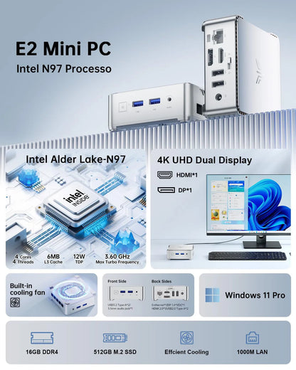 PCACEMAGIC Mini PC E2 Mini Computer Alder Lake-N97 16GB DDR4 GB M.2 SSD Win