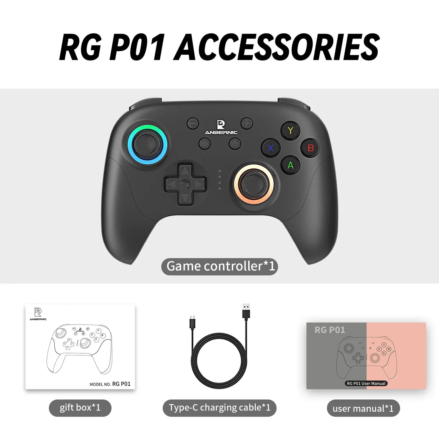 ANBERNIC RG P01Gamepad Wireless Gaming Controller Hall Trigger Joystick Macro Key RGB For Switch PC Android IOS Breathing Light