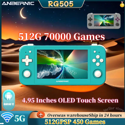 ANBERNIC RG505 Handheld Game Console 4.95 Inches OLED Touch Screen Android 12 Portable Video Console PSP 512G 70000 Games Gift