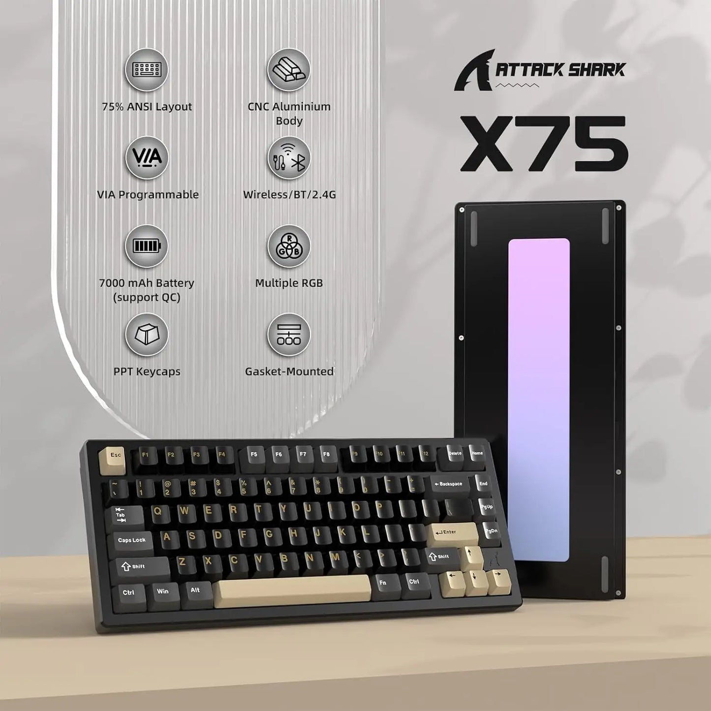 PCATTACK SHARK X75 Aluminum CNC Wireless Mechanical Gaming Keyboard, BT/2.4