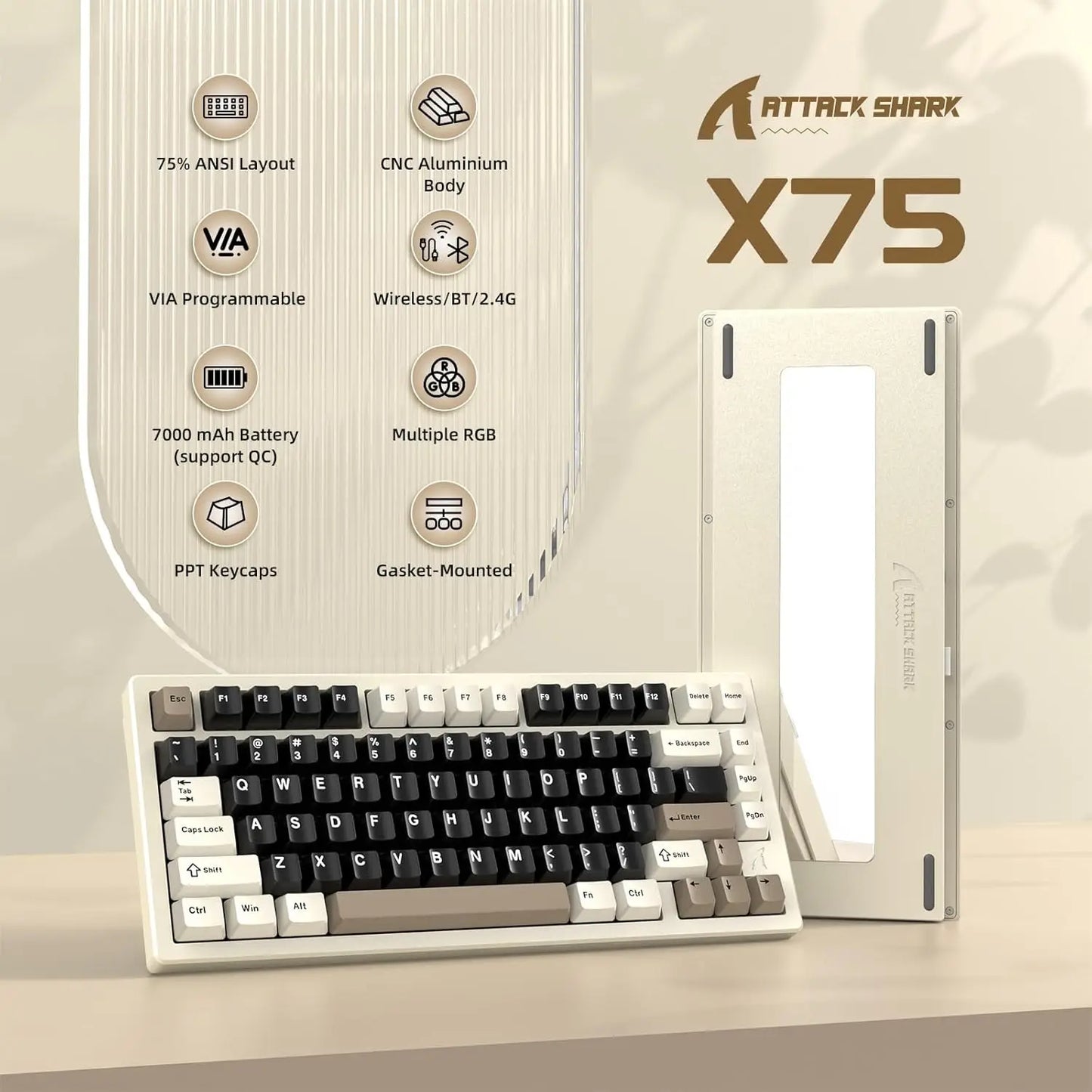 PCATTACK SHARK X75 Aluminum CNC Wireless Mechanical Gaming Keyboard, BT/2.4