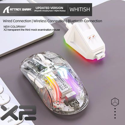 PC Attack Shark X2 Pro Magnetic Charging Bluetooth Mouse, Tri-Mode , RGB Lights, Transparent, Battery Indicator, Computer Phone