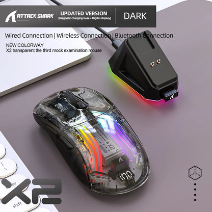 PC Attack Shark X2 Pro Magnetic Charging Bluetooth Mouse, Tri-Mode , RGB Lights, Transparent, Battery Indicator, Computer Phone