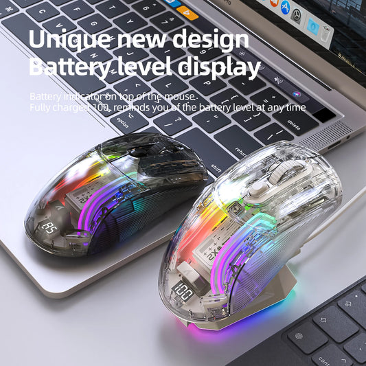 PC Attack Shark X2 Pro Magnetic Charging Bluetooth Mouse, Tri-Mode , RGB Lights, Transparent, Battery Indicator, Computer Phone