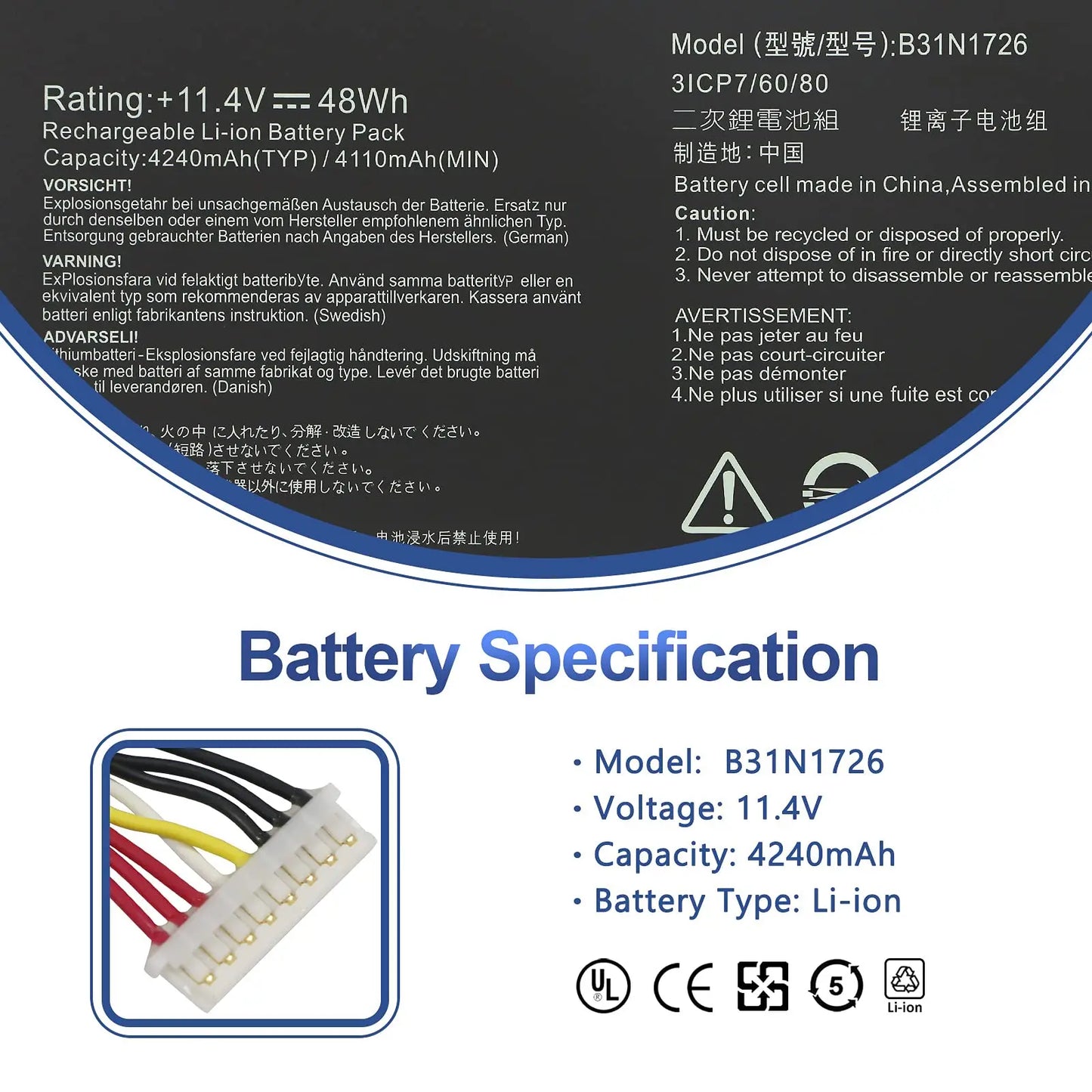 PC B31N1726 Battery  ASUS TUF Gaming FX504 FX504G FX504GD FX504GE FX504GM FX505 FX505DT FX505DV FX505DY FX80 FX80G FX80GD FX86