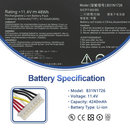 PC B31N1726 Battery  ASUS TUF Gaming FX504 FX504G FX504GD FX504GE FX504GM FX505 FX505DT FX505DV FX505DY FX80 FX80G FX80GD FX86