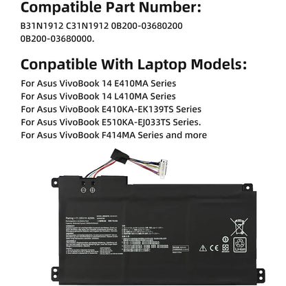 PC B31N1912 C31N1912 Laptop Battery  ASUS VivoBook 14-E410MA L410MA E410KA E510MA E510KA F414MA L510MA R522MA E410MA-EK026TS