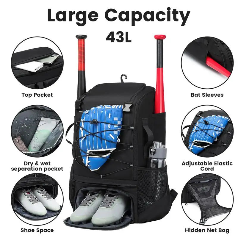 PC Baseball Backpack Youth Baseball Bag Softball Bat Bag With Shoe Compartm