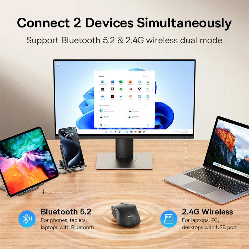 PC Baseus F02 Wireless Mouse Bluetooth 5.2 2.4G 4000DPI Ergonomic 7 Mute Buttons Mice  iPad MacBook Tablet Laptop Computer Mouse