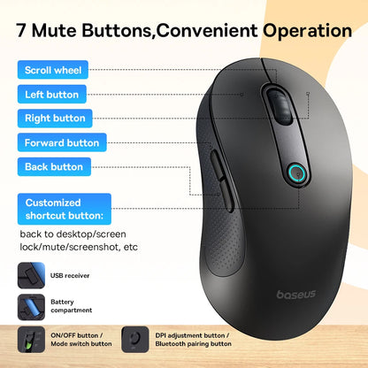 PC Baseus F02 Wireless Mouse Bluetooth 5.2 2.4G 4000DPI Ergonomic 7 Mute Buttons Mice  iPad MacBook Tablet Laptop Computer Mouse