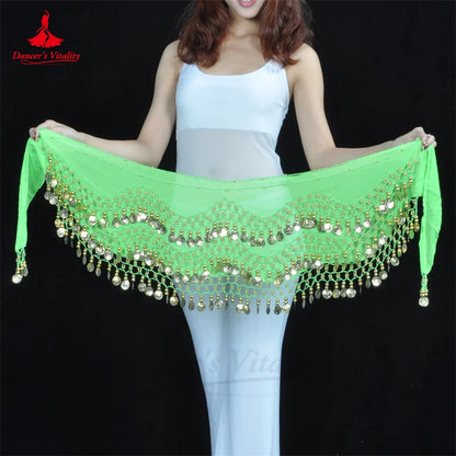 Belly Dance Hip Scarf  Women Chiffon Gold Coines 158 Belt Oriental Belly Dancing Accessories Adult Kid's Bellydance Belts