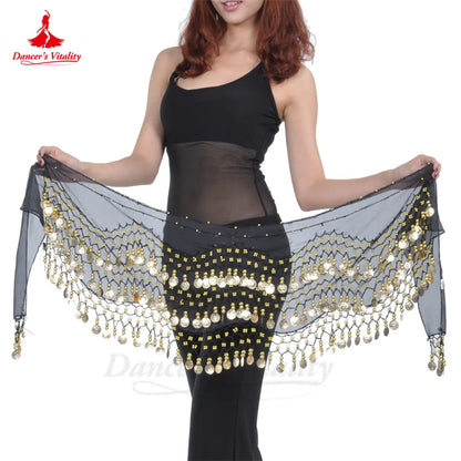 Belly Dance Hip Scarf  Women Chiffon Gold Coines 158 Belt Oriental Belly Dancing Accessories Adult Kid's Bellydance Belts