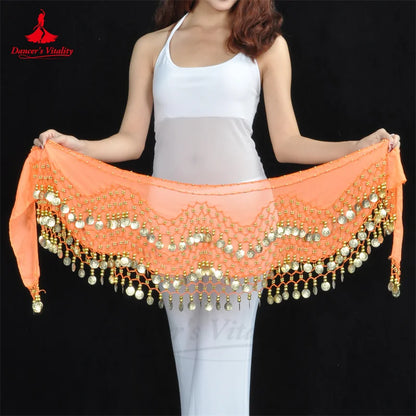 Belly Dance Hip Scarf  Women Chiffon Gold Coines 158 Belt Oriental Belly Dancing Accessories Adult Kid's Bellydance Belts