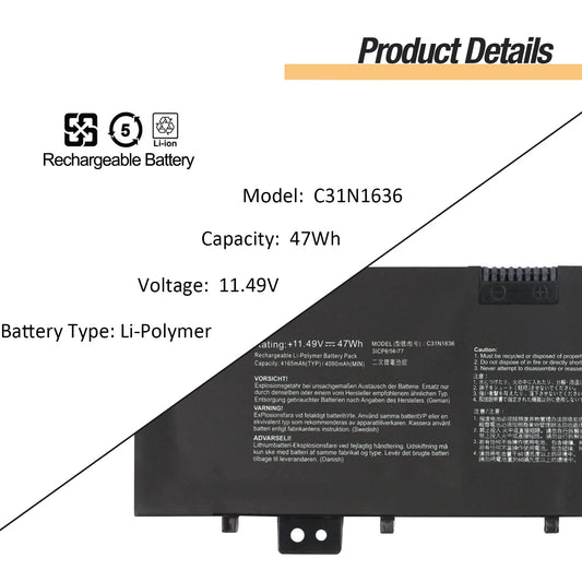 PC C31N1636 Laptop Battery  ASUS VivoBook Pro 15 N580V N580VD N580VN N580GD NX580V NX580VD X580V X580GD M580GD ZenBook UX502VD