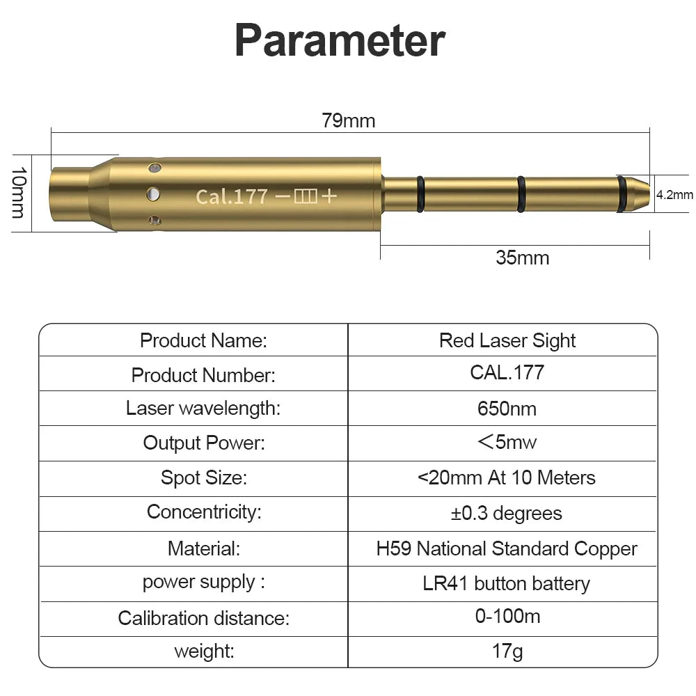 CAL 177 Red Laser Boresighter Cartridge Dot Sight  Pistol & Rifle Scope - Hunting Accessory Training Shoot Sight