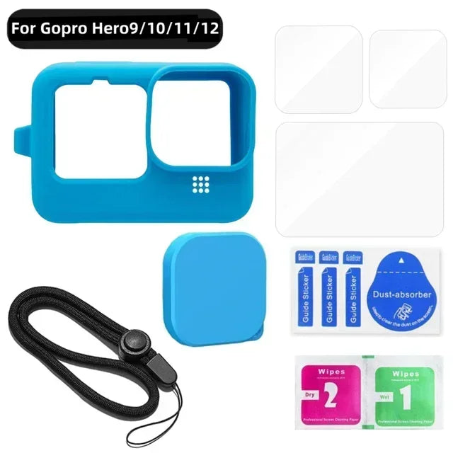 Camera Full Protection Kit For GoPro 12 11 10 9 Tempered Glass Screen Protector Silicone Cover Lens Case with Anti Lost Lanyard