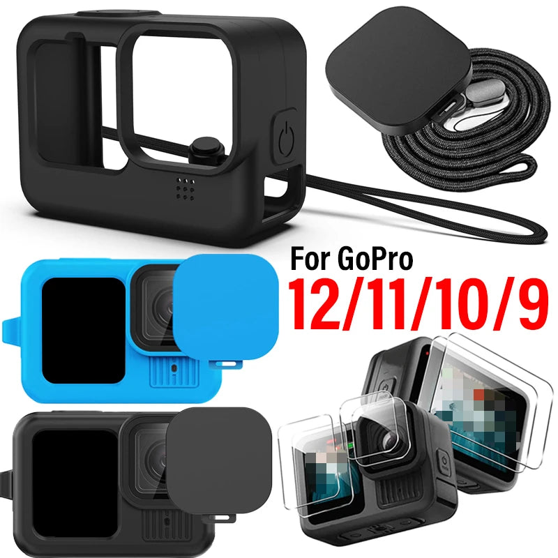 Camera Full Protection Kit For GoPro 12 11 10 9 Tempered Glass Screen Protector Silicone Cover Lens Case with Anti Lost Lanyard