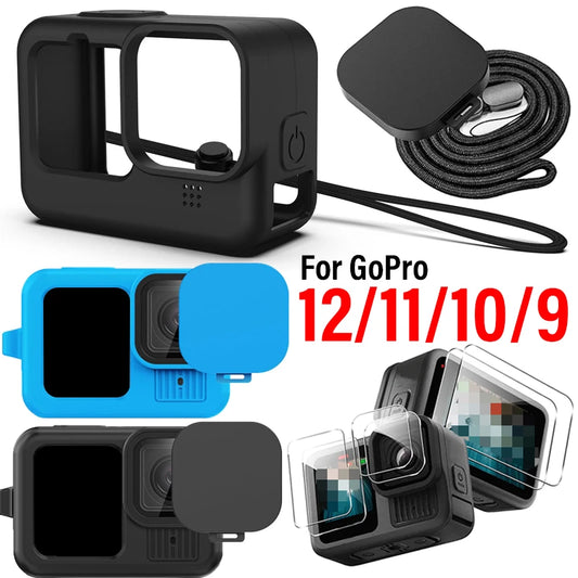 Camera Full Protection Kit For GoPro 12 11 10 9 Tempered Glass Screen Protector Silicone Cover Lens Case with Anti Lost Lanyard