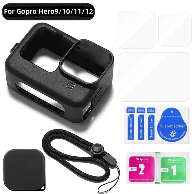 Camera Full Protection Kit For GoPro 12 11 10 9 Tempered Glass Screen Protector Silicone Cover Lens Case with Anti Lost Lanyard