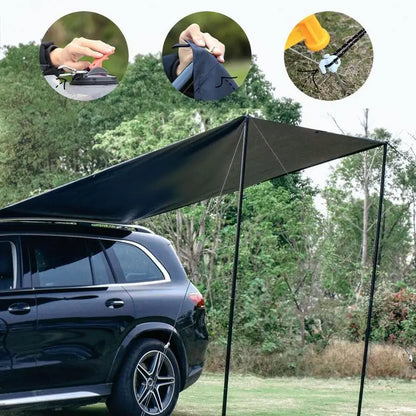 PC Car Awning Roof Rack Sun Shade Car Side Tarp With Pole Rope Nails Outdoo