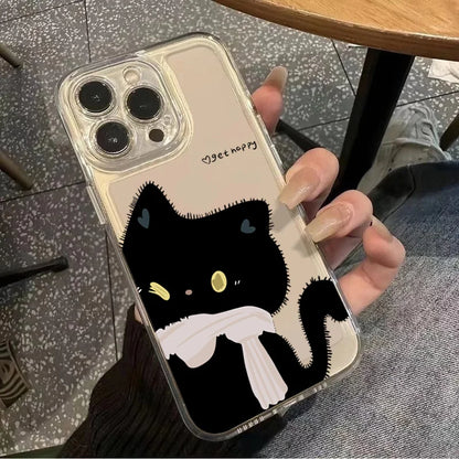 PC Cartoon Black White Cat Couple Paired Phone Case For iPhone 16 15 14 Plus 11 12 13 Pro Max Mini XS XR 7 8 SE2 Clear Cover Fundas