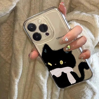 PC Cartoon Black White Cat Couple Paired Phone Case For iPhone 16 15 14 Plus 11 12 13 Pro Max Mini XS XR 7 8 SE2 Clear Cover Fundas