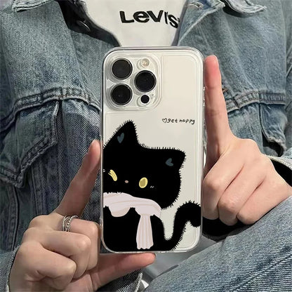 PC Cartoon Black White Cat Couple Paired Phone Case For iPhone 16 15 14 Plus 11 12 13 Pro Max Mini XS XR 7 8 SE2 Clear Cover Fundas