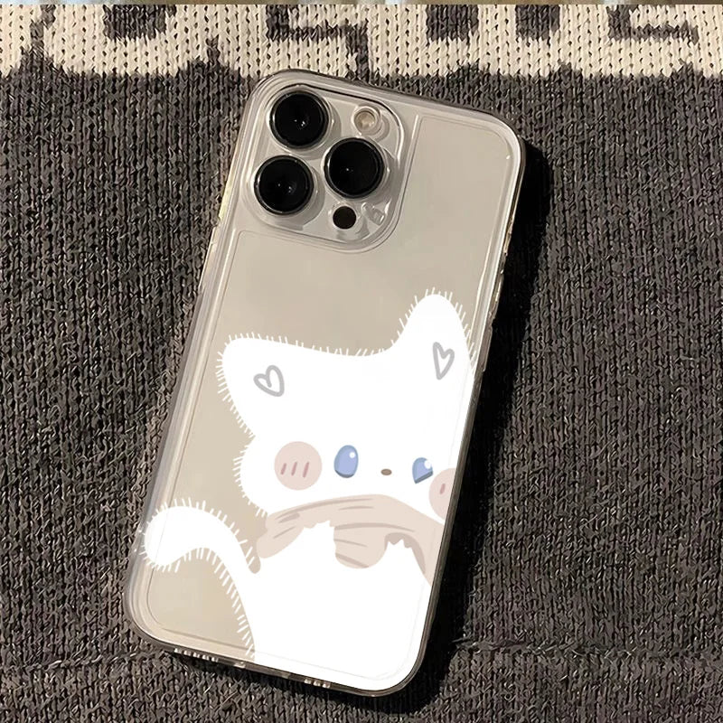 PC Cartoon Black White Cat Couple Paired Phone Case For iPhone 16 15 14 Plus 11 12 13 Pro Max Mini XS XR 7 8 SE2 Clear Cover Fundas