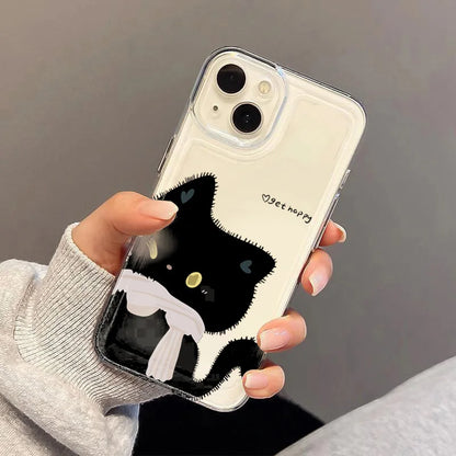 PC Cartoon Black White Cat Couple Paired Phone Case For iPhone 16 15 14 Plus 11 12 13 Pro Max Mini XS XR 7 8 SE2 Clear Cover Fundas