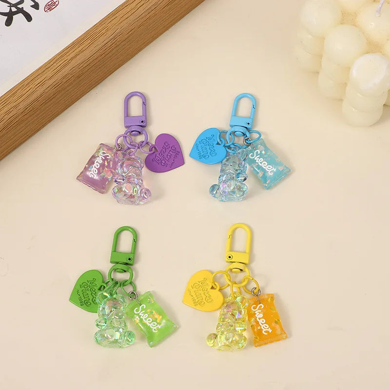 PC Cartoon Bling Heart Bear Animal Candy Keychains For Women Bag Pendant Couple Car Key Chains Jewelry Gift Decoration Accessories