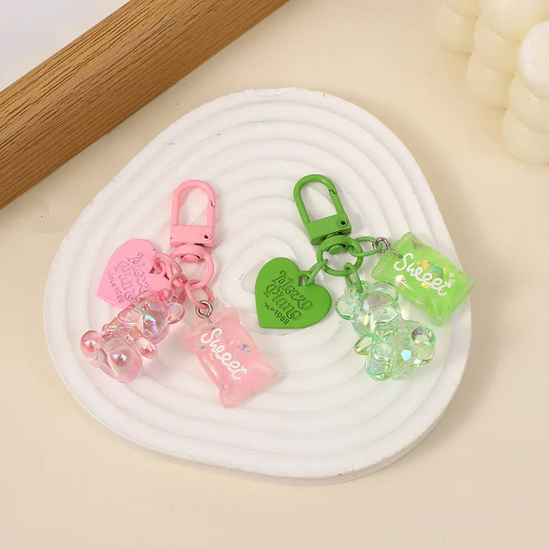 PC Cartoon Bling Heart Bear Animal Candy Keychains For Women Bag Pendant Couple Car Key Chains Jewelry Gift Decoration Accessories