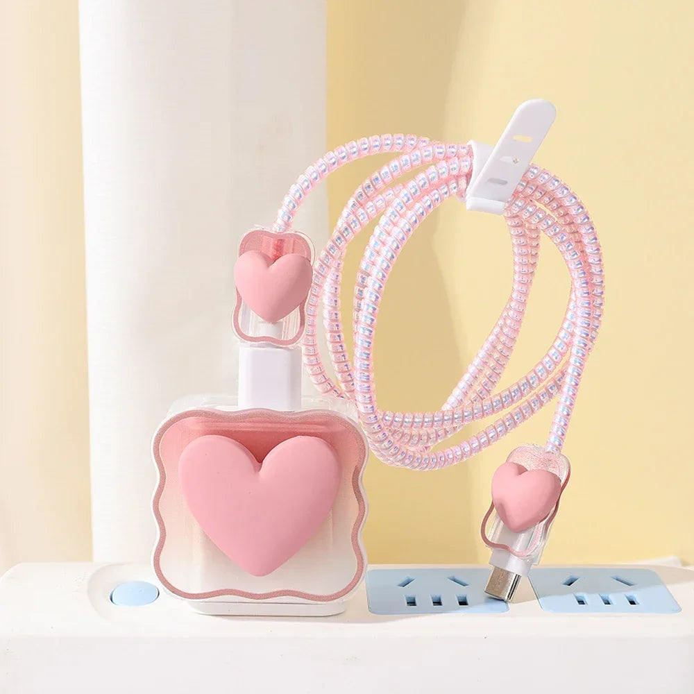 Charger Protector Cable Organizer  iPhone 15 14 13 Pro Max 18W 20W 3D Cartoon Love Heart Data Cord Winder Management Kit