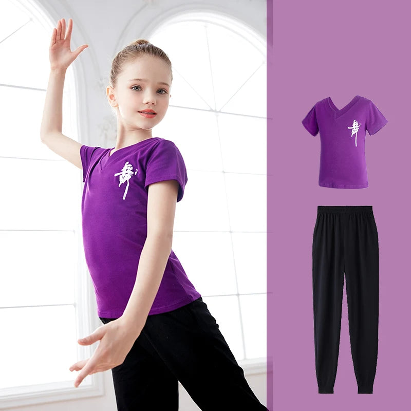 Children Girls  Dance T-Shirt Sports Suits Summer Short Sleeve Dance Sets Costumes Cotton Exercise Suit Body Training Clothing