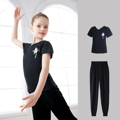 Children Girls  Dance T-Shirt Sports Suits Summer Short Sleeve Dance Sets Costumes Cotton Exercise Suit Body Training Clothing