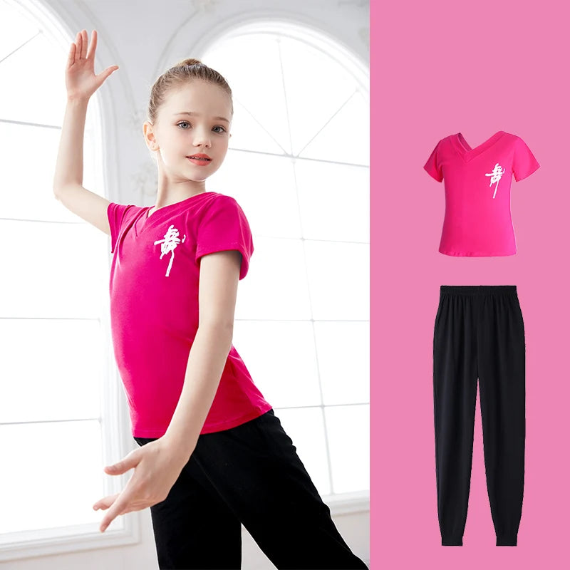 Children Girls  Dance T-Shirt Sports Suits Summer Short Sleeve Dance Sets Costumes Cotton Exercise Suit Body Training Clothing