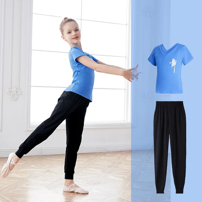 Children Girls  Dance T-Shirt Sports Suits Summer Short Sleeve Dance Sets Costumes Cotton Exercise Suit Body Training Clothing