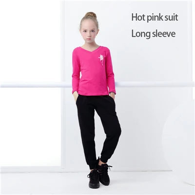 Children Girls  Dance T-Shirt Sports Suits Summer Short Sleeve Dance Sets Costumes Cotton Exercise Suit Body Training Clothing