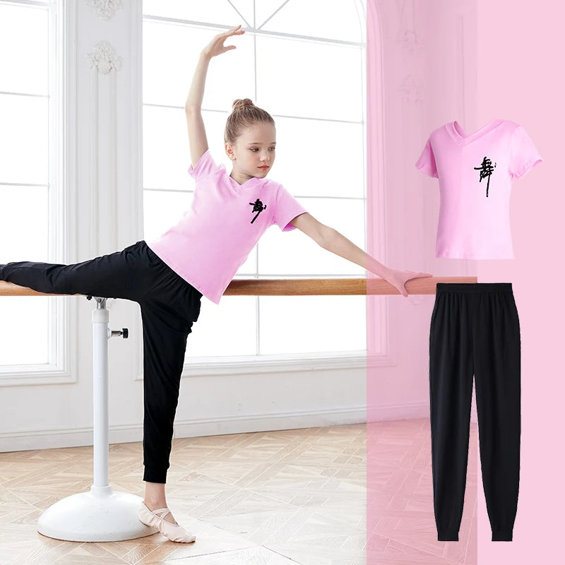 Children Girls  Dance T-Shirt Sports Suits Summer Short Sleeve Dance Sets Costumes Cotton Exercise Suit Body Training Clothing