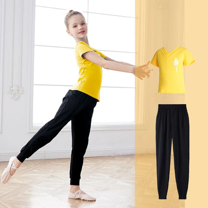 Children Girls  Dance T-Shirt Sports Suits Summer Short Sleeve Dance Sets Costumes Cotton Exercise Suit Body Training Clothing