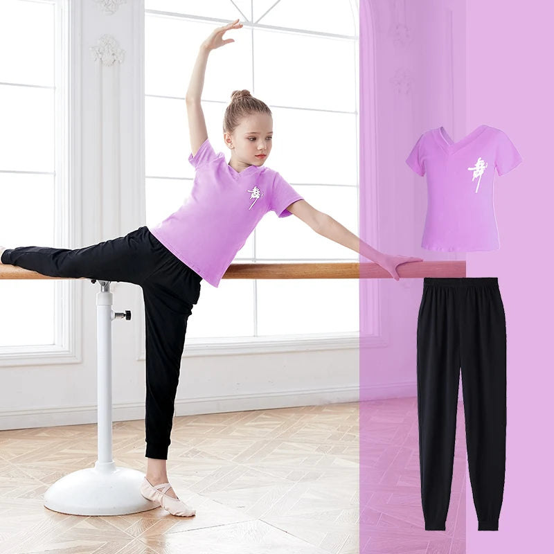 Children Girls  Dance T-Shirt Sports Suits Summer Short Sleeve Dance Sets Costumes Cotton Exercise Suit Body Training Clothing