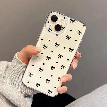 PC Cute Black Bowknot Minimalist Printed Phone Case For iPhone 16 15 14 13 12 11 Pro Max X XS XR MiNi 7 8Plus SE2 Transparent Cover