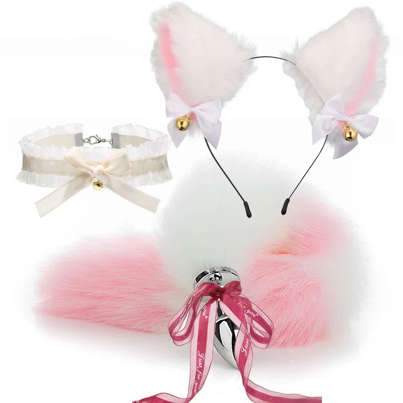 Cute Fox Tail Anal Plug Bow-Knot Soft Cat Ears Headbands Collar Erotic Cosplay Couples Accessories SM Sex Toys  Female Male