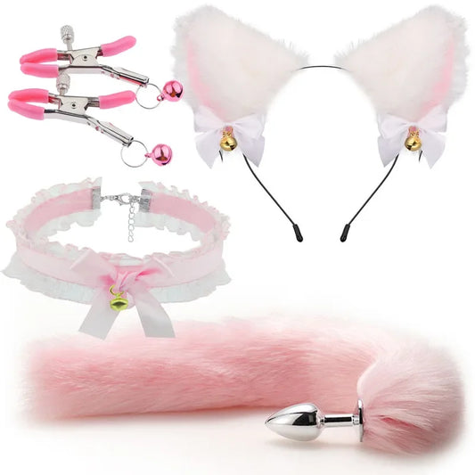 GtoozaCute Fox Tail Anal Plug Bow-Knot Soft Cat Ears Headbands Collar Erotic Cosplay Couples Accessories SM Sex Toys  Female Male