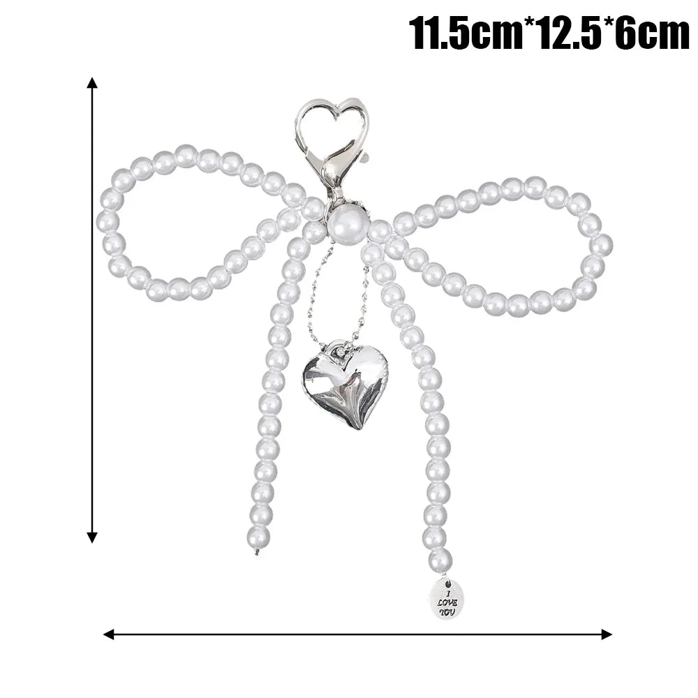 Cute Phone Case Pearl Bow Pendant For iPhone 15 Samsung Xiaomi Huawei Back Cover DIY Decoration Pearl Keychain Key Holder