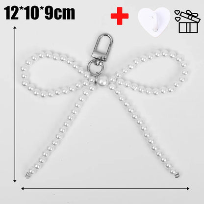 Cute Phone Case Pearl Bow Pendant For iPhone 15 Samsung Xiaomi Huawei Back Cover DIY Decoration Pearl Keychain Key Holder