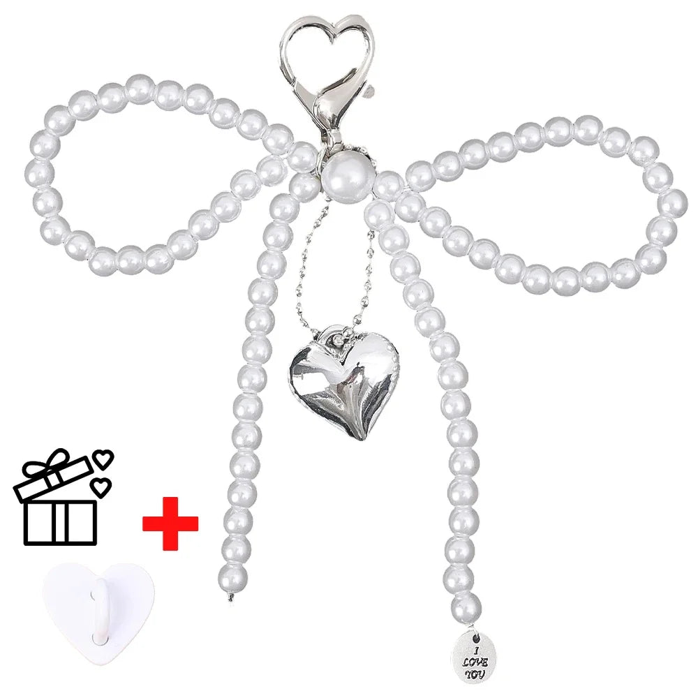 Cute Phone Case Pearl Bow Pendant For iPhone 15 Samsung Xiaomi Huawei Back Cover DIY Decoration Pearl Keychain Key Holder